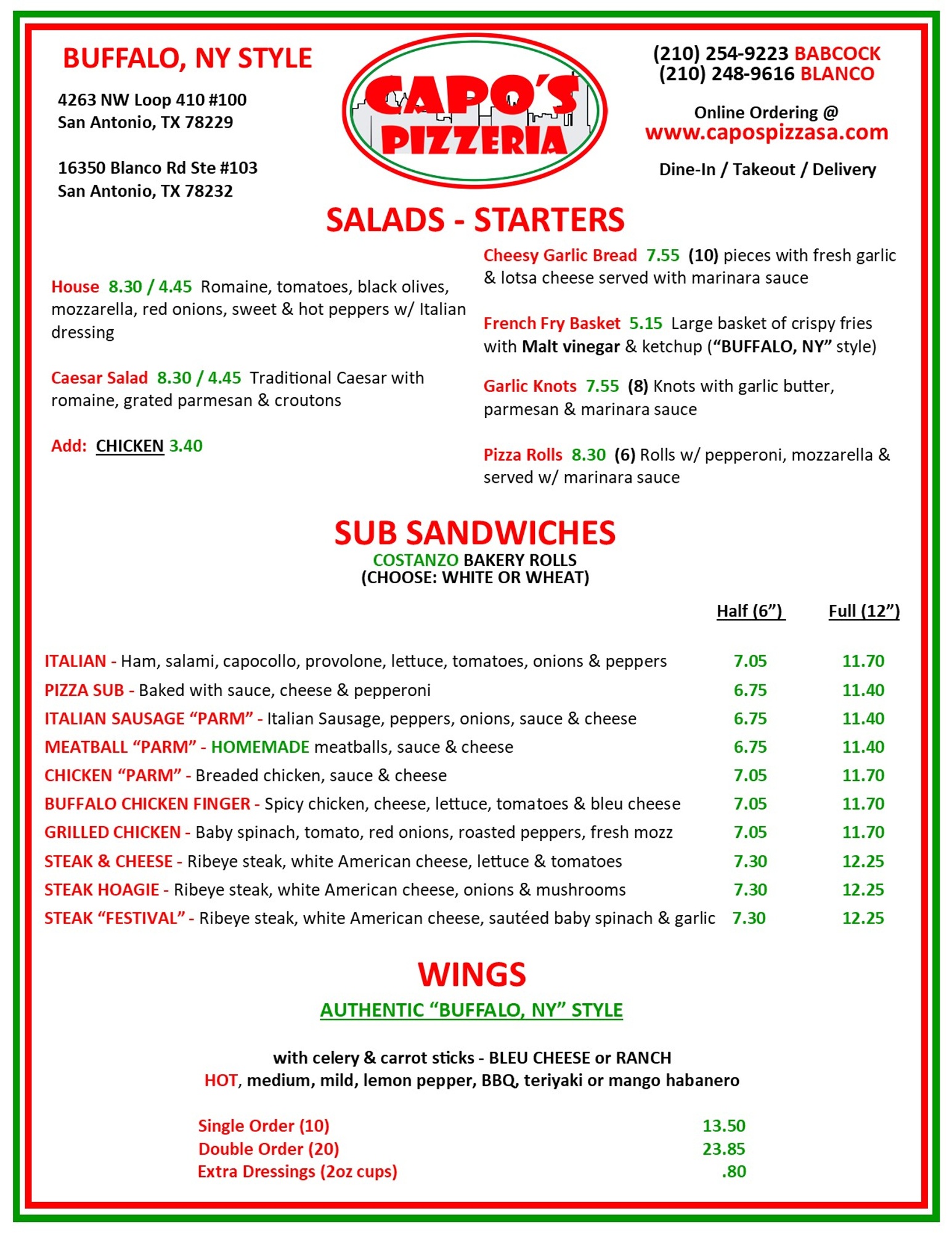 Capos Pizza Texas Menu